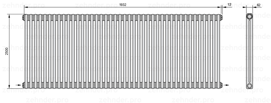 Схема (чертеж) Радиатор Zehnder Charleston 2250/42 №2670 Белый глянцевый RAL 9016